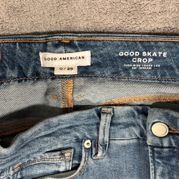 Good American Good Skate Crop Jeans Womens 0/25 Blue High Rise Wide Leg Raw Hem - Picture 4 of 14